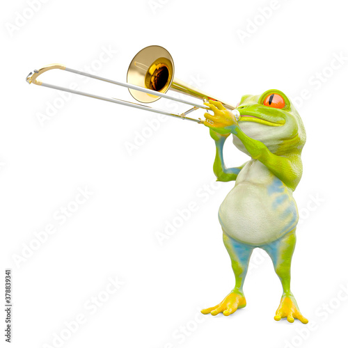 little frog cartoon is playing trombone
