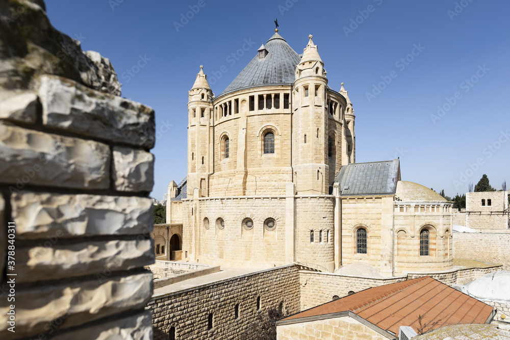 (Selective focus) Stunning view of the Abbey of the Dormition during a sunny day. The Abbey of the Dormition is an abbey and the name of a Benedictine community in Jerusalem, Israel.