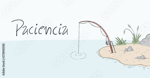 Design of fishing in lake scene and patience message in spanish