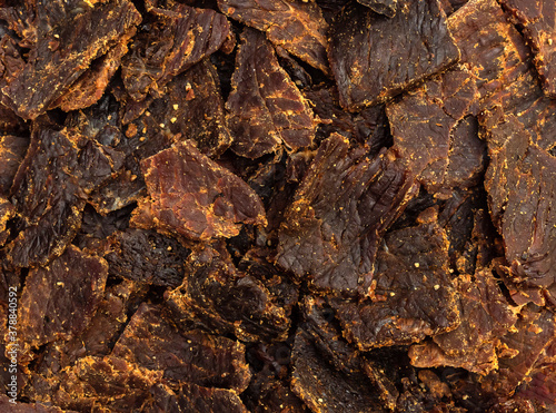 Beef jerky. Close up. Food background.