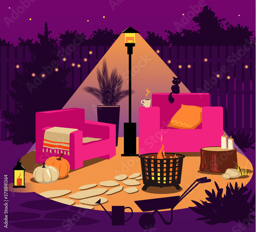 Illuminated backyard at night in fall with a fire pit, patio heater, chairs, gardening tools and seasonal decorations, no people, EPS 8 vector illustration