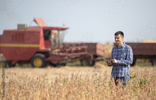 Farmer with tablet in front of combine harvester in soybean field photo