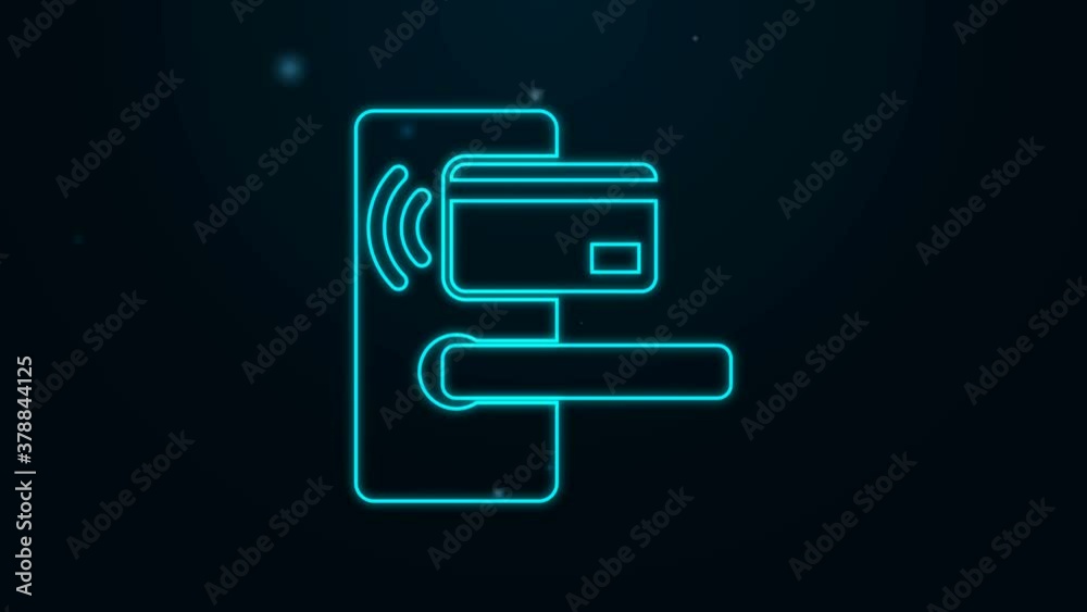 Glowing neon line Digital door lock with wireless technology for unlock icon isolated on black background. Door handle sign. Security smart home. 4K Video motion graphic animation.