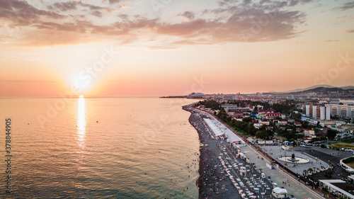 seascape shot on a quadrocopter city of Sochi Adler.light of the setting sun