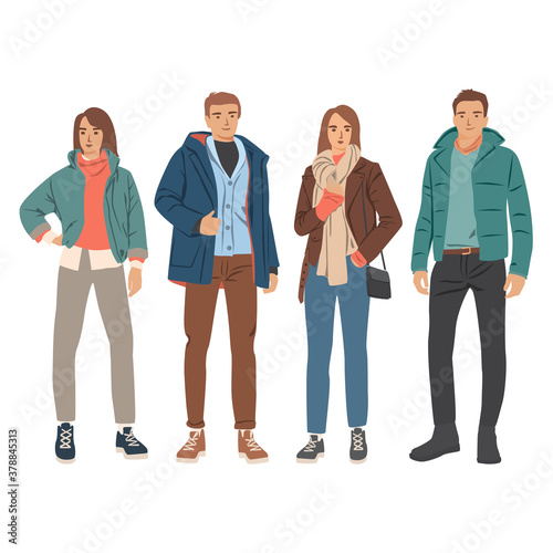 Set of young men and women standing  in spring, autumn and winter outerwear, different colors, cartoon character, silhouettes of people, students, flat icon design concept, isolated on white 