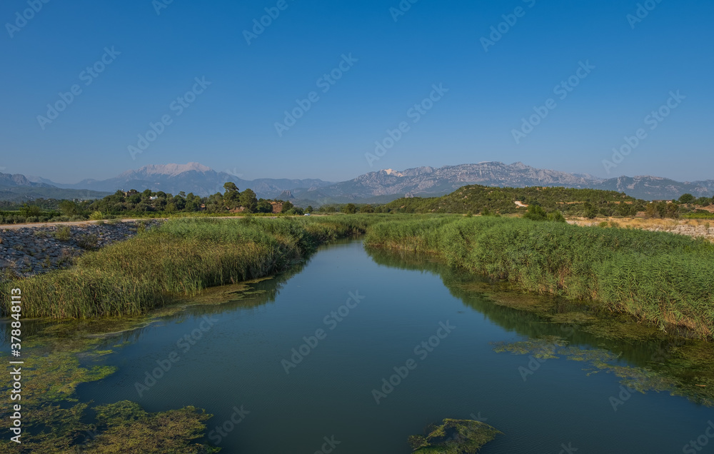 Landscape with the river Aksu stream. Güloluk, Turkey. August 2020