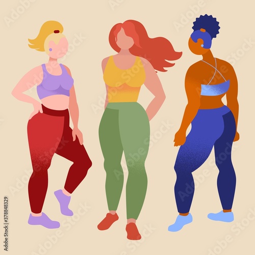 Collection of plus size women dressed in sports clothing. Set of curvy girls wearing sports clothes. Female cartoon characters isolated on yellow background. Colored vector illustration in flat style.
