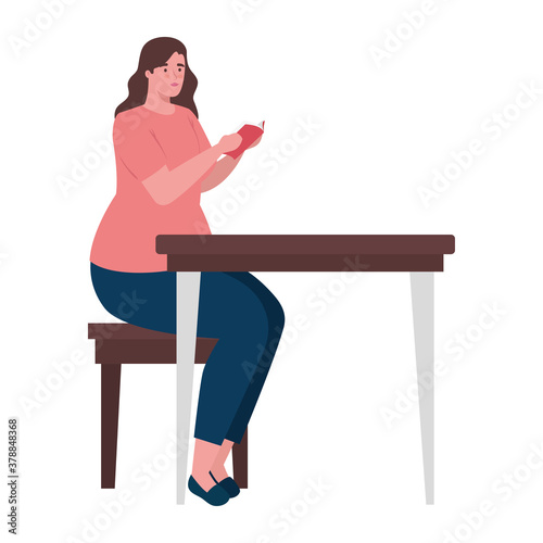 plus size woman cartoon with book at desk design, Young model overweight fashion attractive adult style fashionable weight and curvy theme Vector illustration