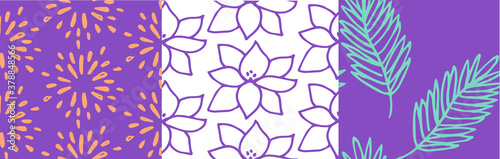 Hand drawn floral pattern with leaves yoga symbols Vector on solid background.