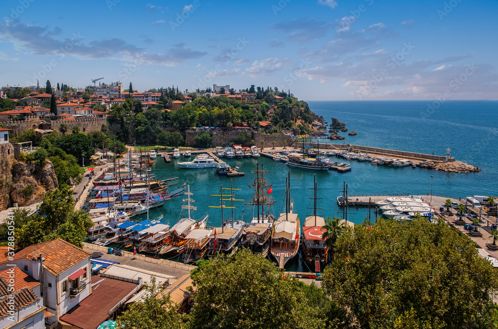 Obraz premium Old harbor in Kaleici, Antalya, Turkey - travel background. August 2020. Long exposure picture