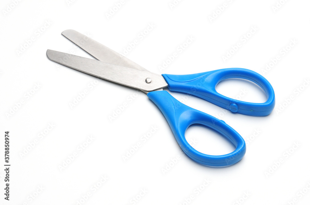 Blue baby scissors on a white background Blue baby scissors on a white background