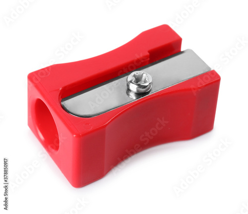 Bright red pencil sharpener isolated on white. School stationery
