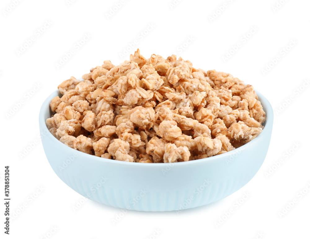 Tasty crispy granola in bowl isolated on white