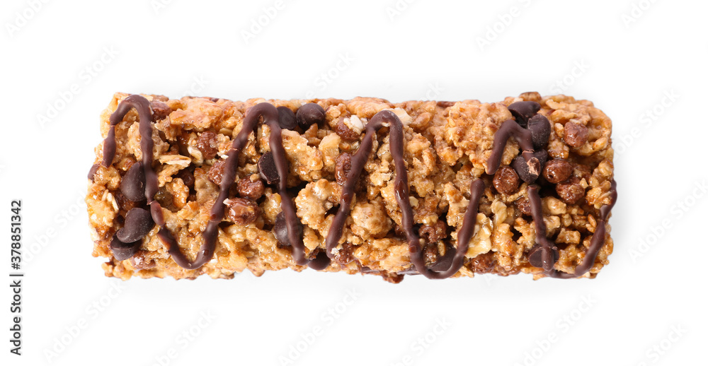 Crunchy granola bar with chocolate on white background, top view Crunchy granola bar with chocolate on white background, top view