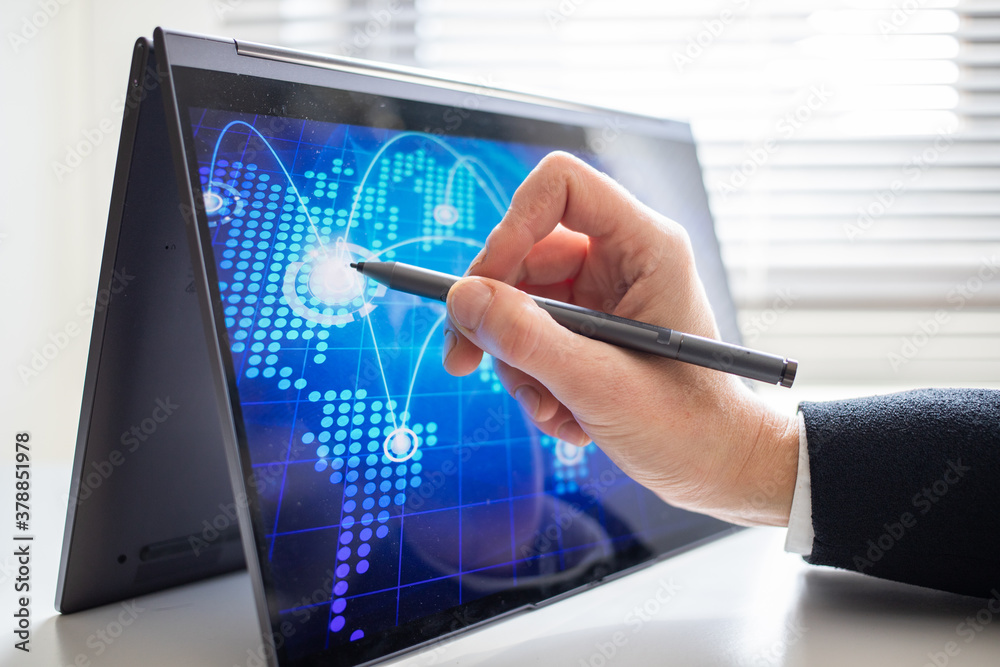 hand touching tablet screen global connection hand touching tablet screen global connection