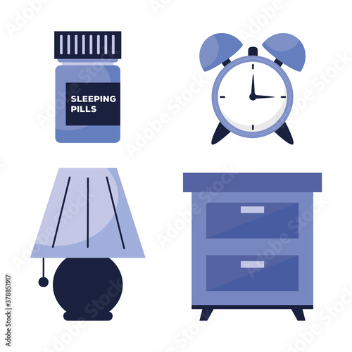 sleeping pills clock lamp and furniture design, insomnia sleep and night theme Vector illustration