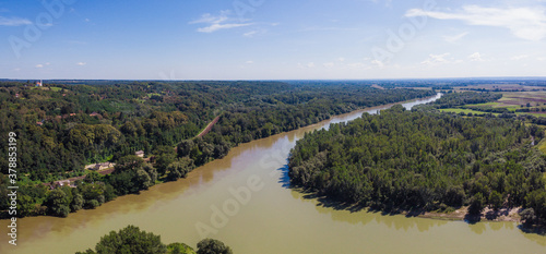 Drava River near Legrad in Croatia And Ortilos in Hungary, aerial view on St Michael church in Ortilos