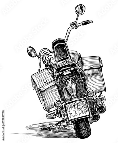 Sketch back view of motorbike standing on parking