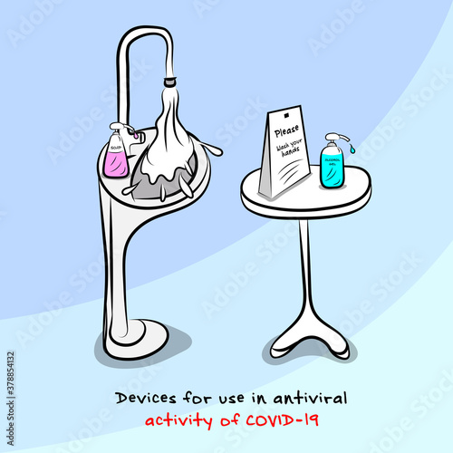 Sink with soap and a gel alcohol table with advertising materials Devices for use in antiviral activity of COVID-19