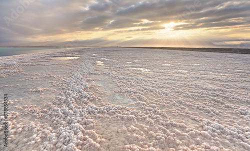 Crystalline white salt beach lit by morning sun  small puddles with seawater at Dead Sea - world most hypersaline lake