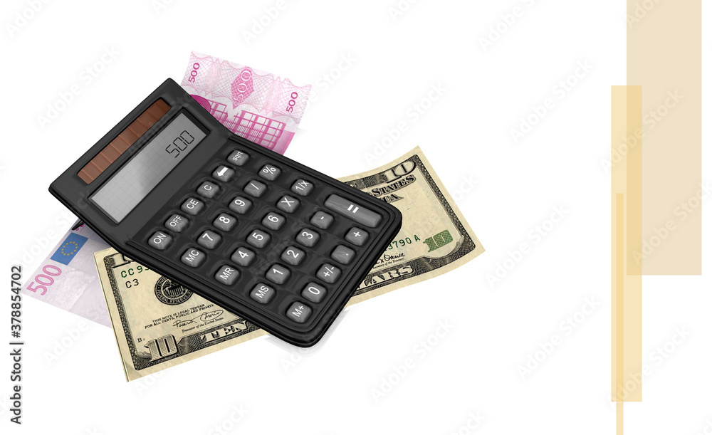 Calculator on a five hundred Euro bank note and an American ten dollar bill Calculator on a five hundred Euro bank note and an American ten dollar bill