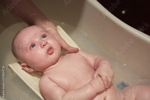 Infant baby boy washed in small bath tub, mother hand supporting his head, view from above