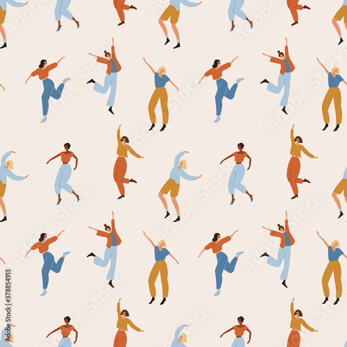 Group of smiling dancing girls seamless pattern. Young happy female dancers party background. Women dancing. Cartoon flat style vector illustration