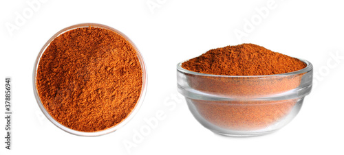 Fototapeta Naklejka Na Ścianę i Meble -  Red pepper powder in bowl on white background, top and side views