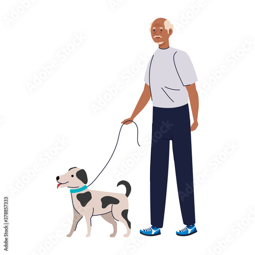 Senior man cartoon with dog design, grandfather and old male person theme Vector illustration