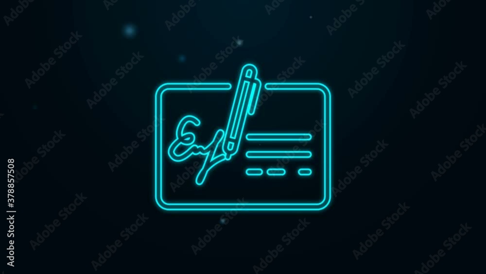 Glowing neon line Signed document line icon isolated on black background. Pen signing a contract with signature. Edit document sign. 4K Video motion graphic animation
