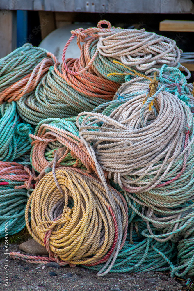 Colorful lobster trap rope in front of a lobster house