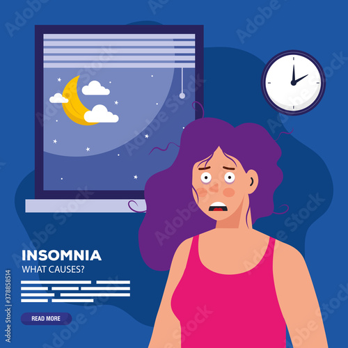 woman with insomnia in front of window design, sleep and night theme Vector illustration
