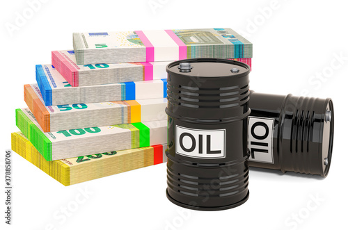Oil barrels with euro packs, 3D rendering