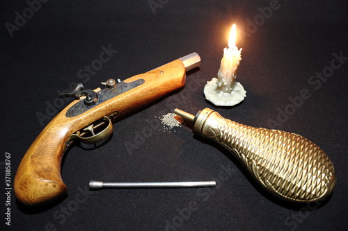 Black Powder Pistol and Powder Flask