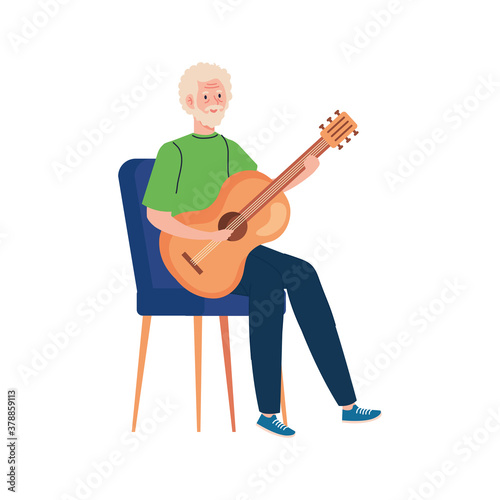 Senior man cartoon playing guitar design, grandfather and old male person theme Vector illustration