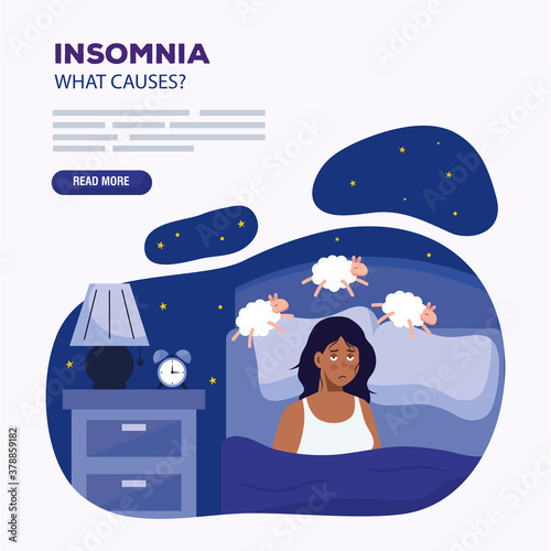 woman with insomnia and sheeps in bed design, sleep and night theme Vector illustration
