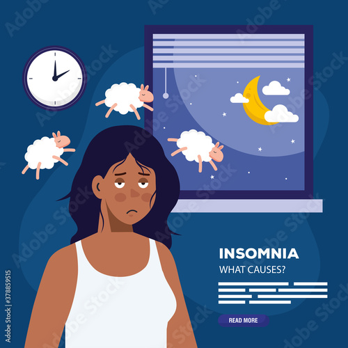 woman with insomnia in front of window design, sleep and night theme Vector illustration