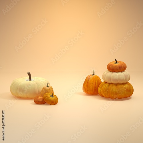 Orange halloween pumpkins on yellow background, holiday decoration for celebration Halloween event template minimal style concept. 3d rendering