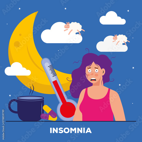 woman with insomnia moon thermometer and coffee mug design, sleep and night theme Vector illustration