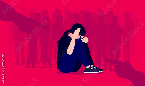 Social anxiety and social phobia illustration. Woman having overwhelming fear of social situations. People in background and hands pointing on red background. Mental health concept. Vector format.