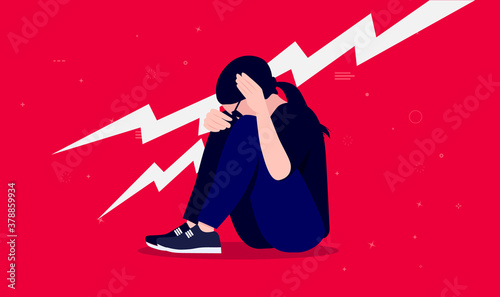 Woman with migraine - Visual representation of the feeling of migraine. Female person with hand on head, and lighting bolt on bright red background. Pain and headache concept. Vector illustration.