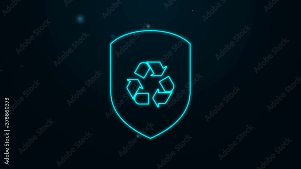 Glowing neon line Recycle symbol inside shield icon isolated on black background. Eco protection sign. 4K Video motion graphic animation Glowing neon line Recycle symbol inside shield icon isolated on black background. Eco protection sign. 4K Video motion graphic animation