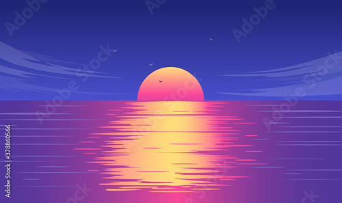 Sunset in ocean - Big red and yellow sun going down in the sea while the water is reflecting the sunlight. Midnight sun, late evening and until the sun goes down concept. Vector illustration.