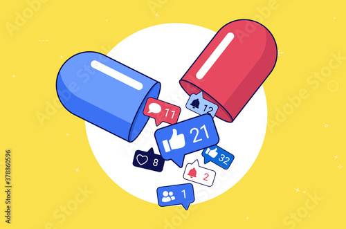 Addicted to social media - Pill full of icons and symbols to feed your addiction. Modern day challenge, mental health, and obsession concept. Vector illustration.