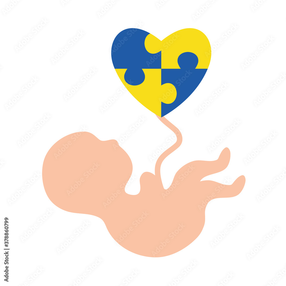down syndrome baby with puzzles heart flat style icon design, disability support and solidarity theme Vector illustration down syndrome baby with puzzles heart flat style icon design, disability support and solidarity theme Vector illustration