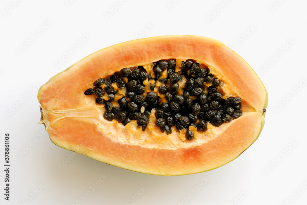 High angle view of the cross section of a papaya High angle view of the cross section of a papaya