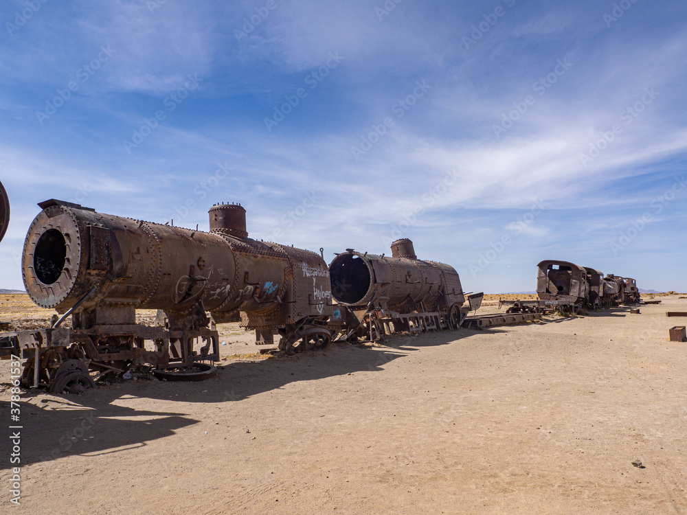 Great train graveyard in desert in uyuni, bolivia, train cemetery 
