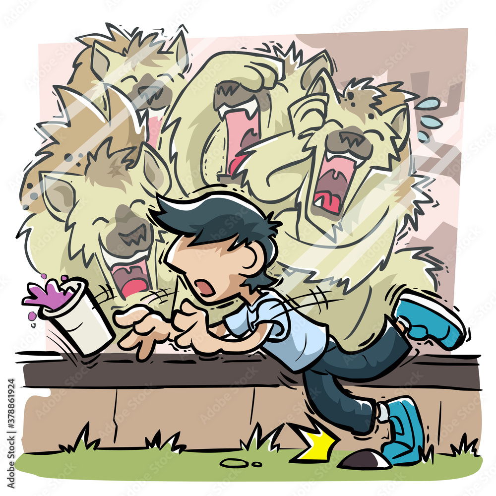 Wolves laughing at a boy tripping over a stone with a drink