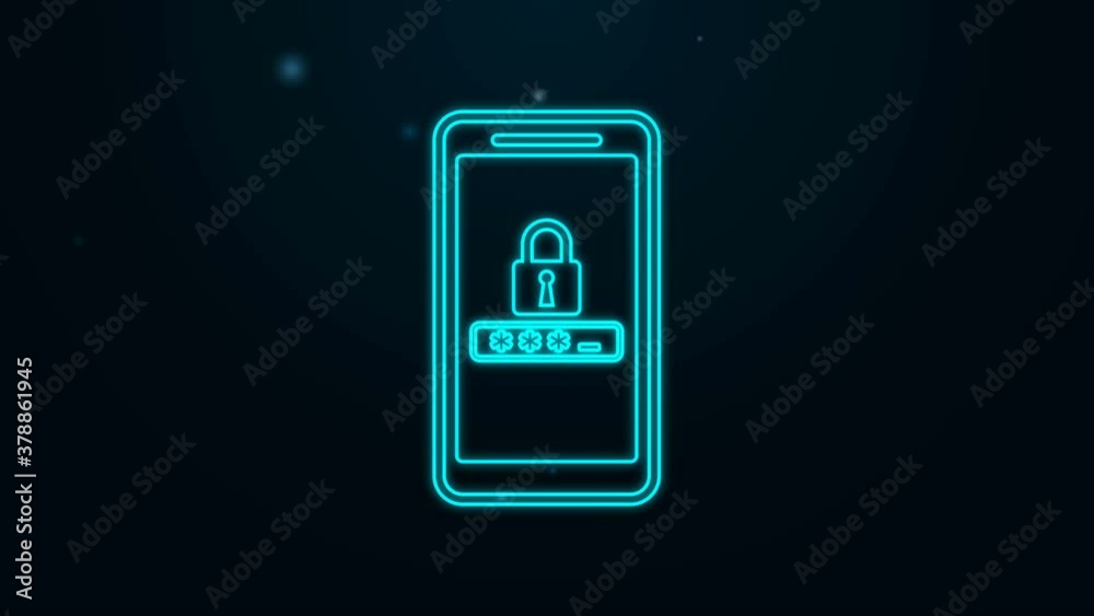 Glowing neon line Mobile phone and password protection icon isolated on black background. Security, safety, personal access, user authorization, privacy. 4K Video motion graphic animation Glowing neon line Mobile phone and password protection icon isolated on black background. Security, safety, personal access, user authorization, privacy. 4K Video motion graphic animation