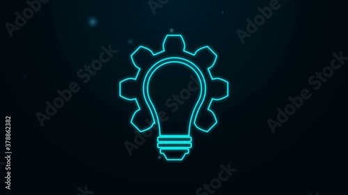 Glowing neon line Light bulb and gear icon isolated on black background. Innovation concept. Business idea. 4K Video motion graphic animation